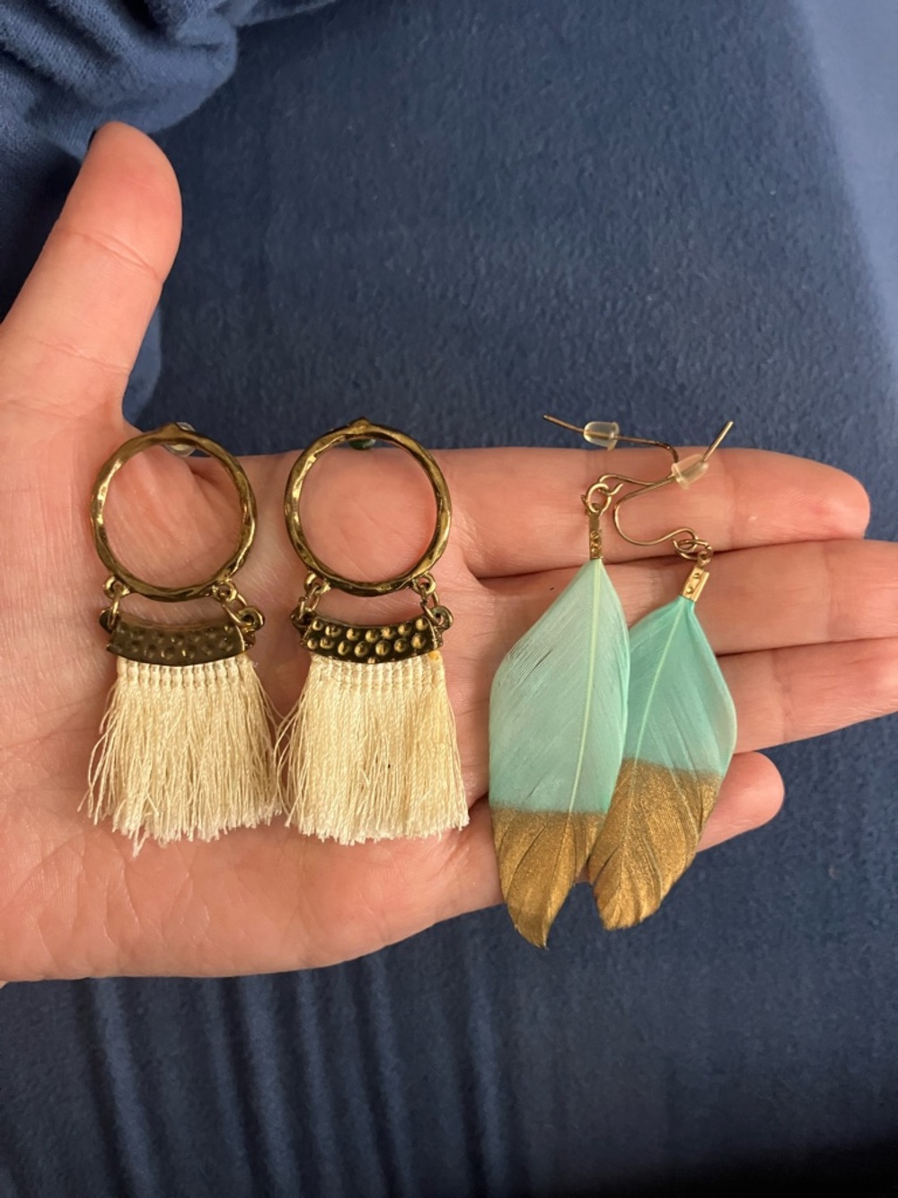 Boho Feather and Tassel Earring Set - Gold & Aqua